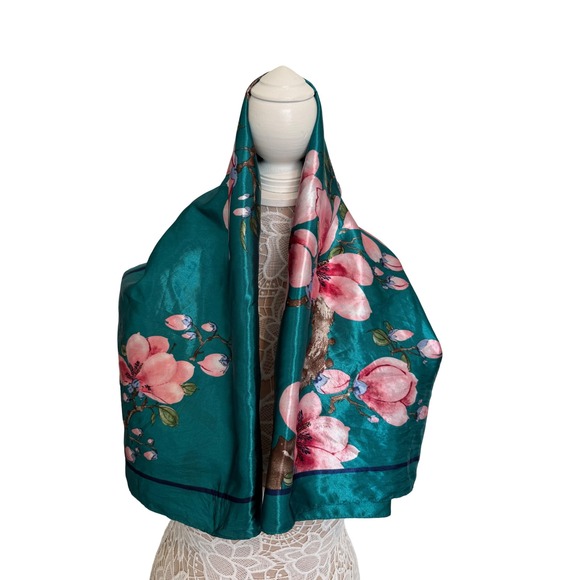 Floral Scarf Teal Green Pink Magnolia‎ Print Square Neck Head Bandana - Picture 2 of 4